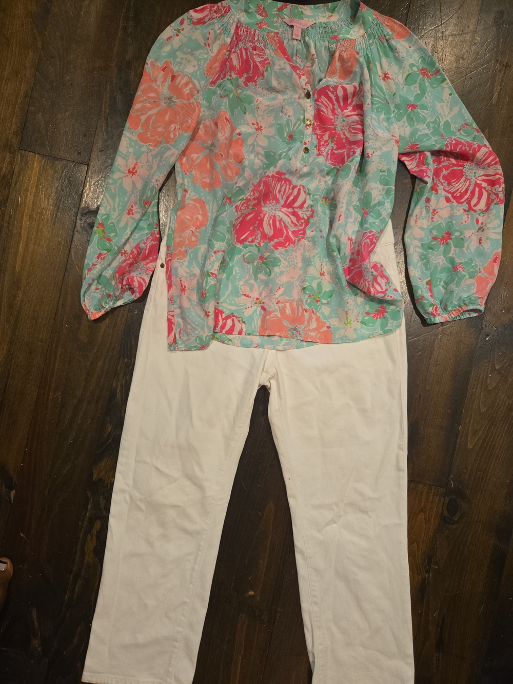 Lilly Pulitzer Set First Impression Elsa Blouse L & White Main Line Jeans SZ 10